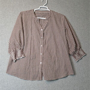 Lomon 100% Cotton Brown Gingham Check 3/4 Sleeve Button Up Shirt Women Plus XXL